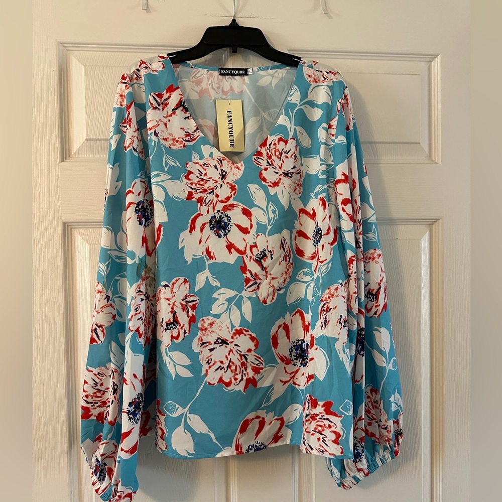 BRAND NEW Floral Blouse - Blue and Red